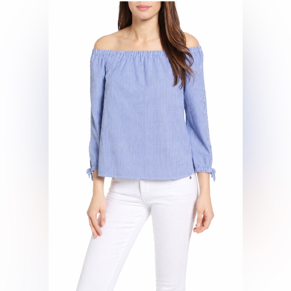 Blue White Seersucker Off Shoulder Blouse Preppy Stripe Top L NWT